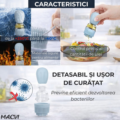 Sticla pentru ulei Macvi® cu pensula din silicon, scala precisa, rezistenta la caldura, usor de curatat, ideala pentru gatit, copt si grill, Multicolor