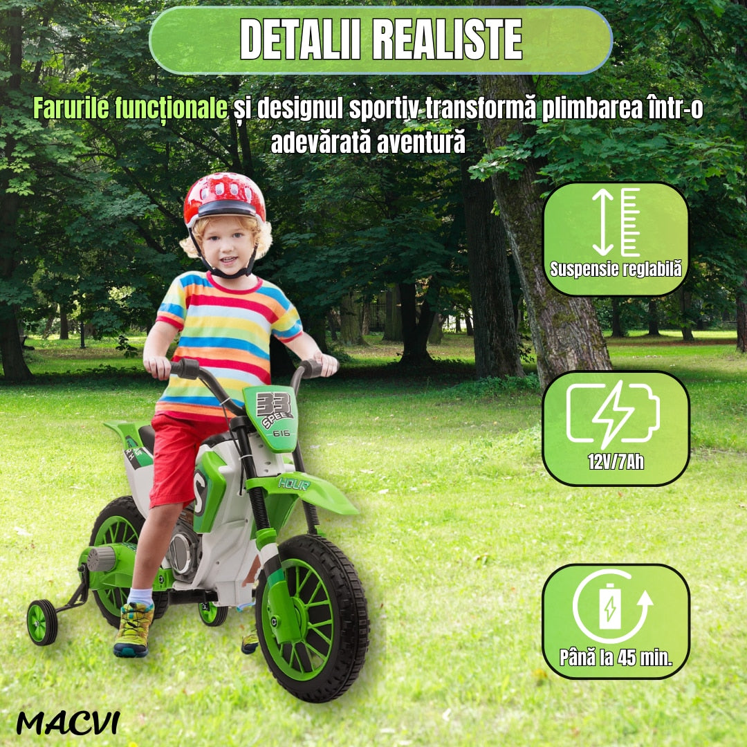 MOTOCICLETA CU ROTI AJUTATOARE VERDE