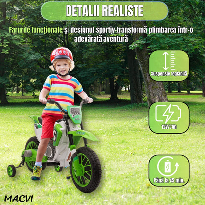MOTOCICLETA CU ROTI AJUTATOARE VERDE