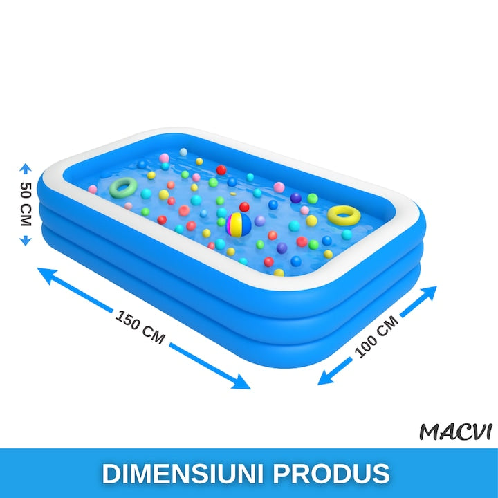 Piscina gonflabila Macvi® din PVC rezistent, 150×105×50 cm, 1-3 persoane, pereti grosi, design confortabil pentru gradina si curte