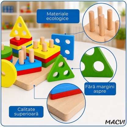 Jucarie  Tip Sortat Macvi® pentru Copii, 16 Piese, Forme Geometrice, 4 Coloane de Sortare