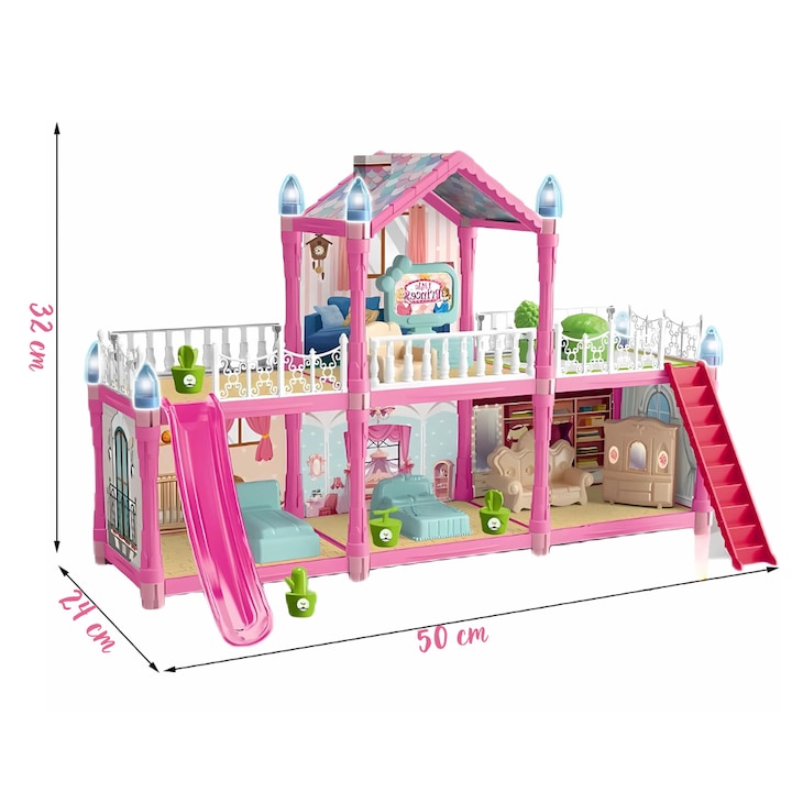 Casuta de papusi Macvi® 179 piese, 2 etaje, 6 camere, terase si scari, mobilier si accesorii incluse, cu catel si papusa, roz, model 556-73, jucarie pentru copii 3+ ani