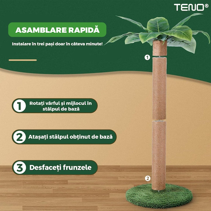 Ansamblu de Joaca pentru Pisici in Forma de Palmier Teno®, tip turn, 1 nivel, franghie si mingiute de joaca, stalpi pentru zgariat, captuseala extra moale, structura stabila, 85 cm, verde