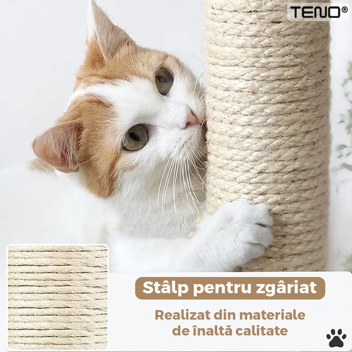 Ansamblu de Joaca pentru Pisici Teno®, tip turn, 1 platforma de observatie, 4 niveluri, 1 casuta, scara, franghie si mingiute de joaca, stalpi pentru zgariat, captuseala extra moale, structura stabila, 118 cm, bej