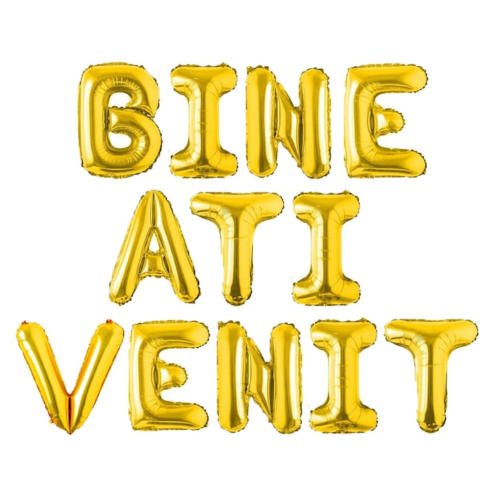 Set 12 Baloane Teno®, Litere, pentru Petreceri/Aniversari/Evenimente, o singura dimensiune, o culoare, metalizate, folie, model BINE ATI VENIT auriu, 45 cm