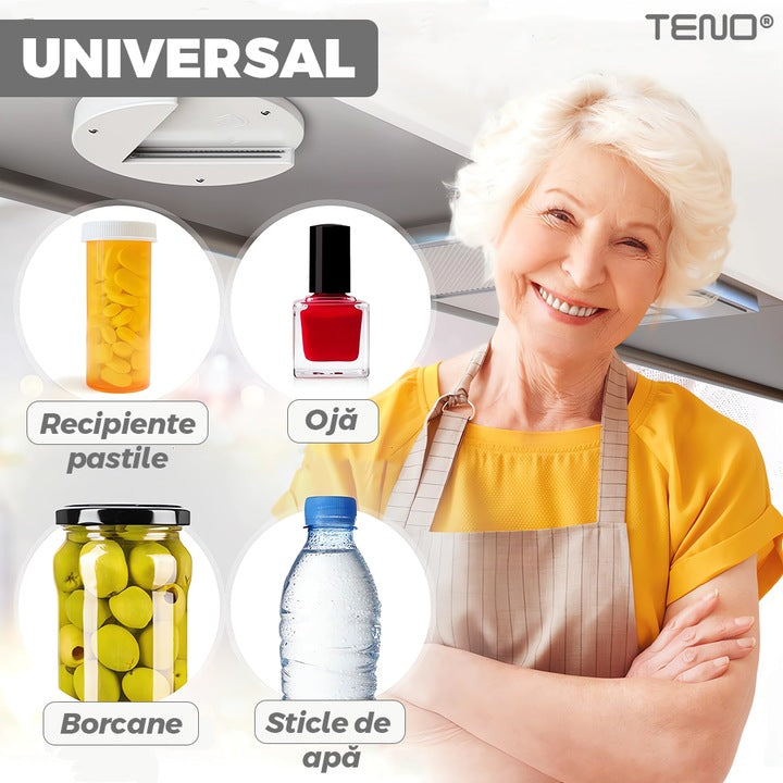 Desfacator Universal de Recipiente Teno®, pentru borcane/sticle/alte recipiente, zimti rezistenti, montare sub cabinet, ideal pentru persoanele cu atrtita, alb