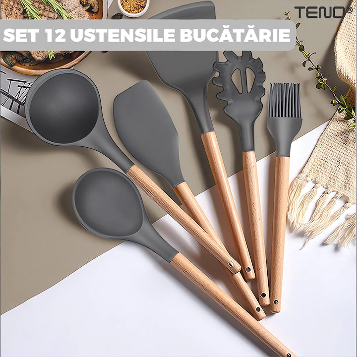 Set Ustensile Bucatarie 12 Piese Silicon Alimentar Teno®, termorezistente, antiaderente, sigure, suport inclus, gri