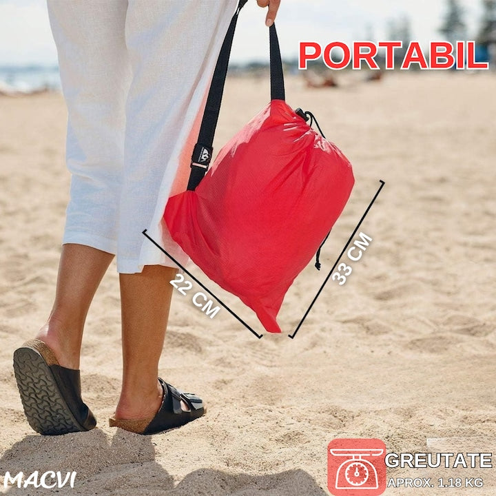 Saltea gonflabila tip sezlong Lazybag Macvi®, material rezistent, umflare fara pompa, pentru plaja/picnic/camping, rucsac de depozitare, 190 x 70 cm,rosu