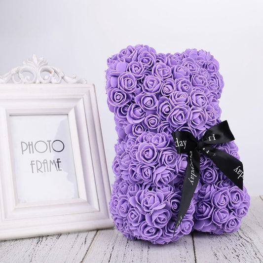 Ursulet din Trandafiri Macvi® Mov 60 cm Cadou Romantic Ambalat in Cutie