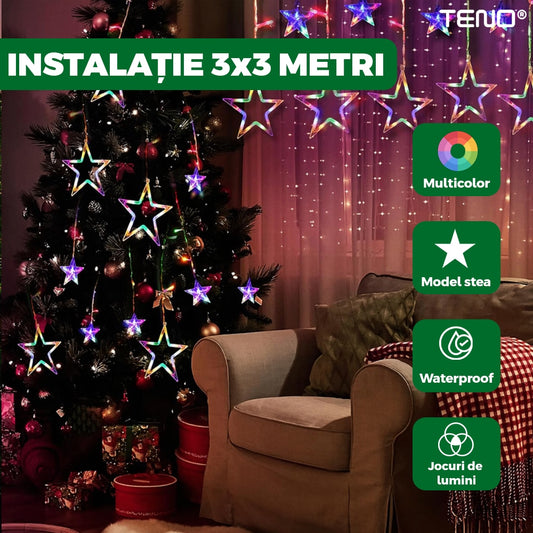 Instalatie de Craciun Tip Perdea Teno®, 3x3 m, model stelute, 8 jocuri de lumini, alimentare la priza, fir transparent, interior/exterior, rezistenta la apa, 12 figurine, multicolor