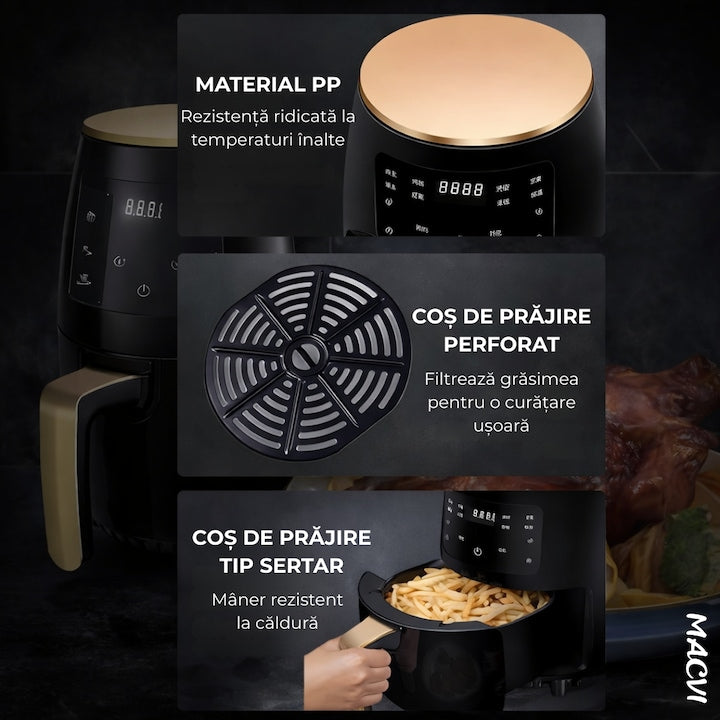 Friteuza cu Aer Cald Macvi®, Air Fryer, Filtru de Aer Integrat, 6 Programe, Putere 2400W, Control Temperatura, Cronometru Reglabil, Capacitate 6L