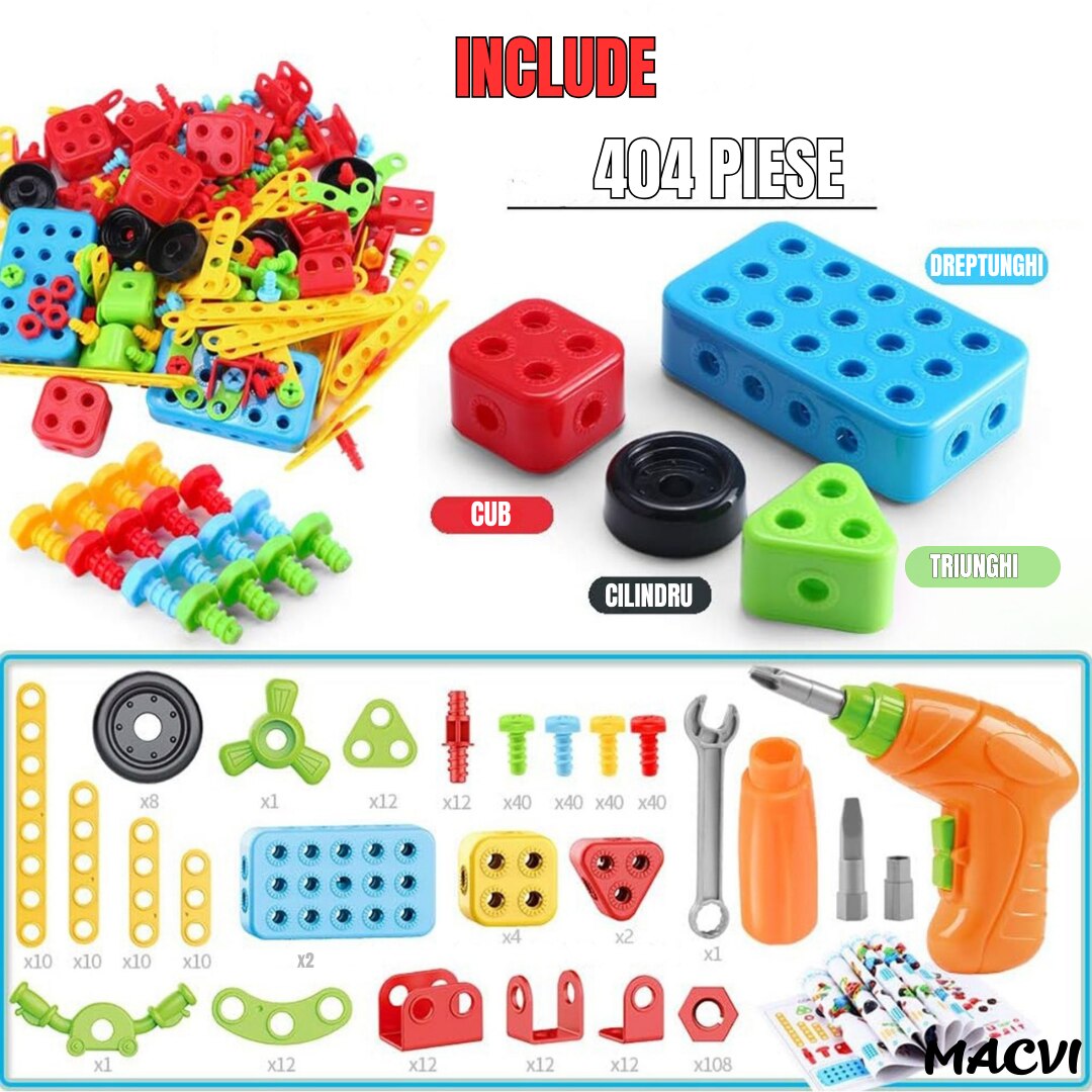 Jucarie educativa si interactiva Macvi® Set Constructie 404 Piese Puzzle 3D STEM, Cu Surubelnita Electrica, Multicolor, Pentru Copii 6+ Ani