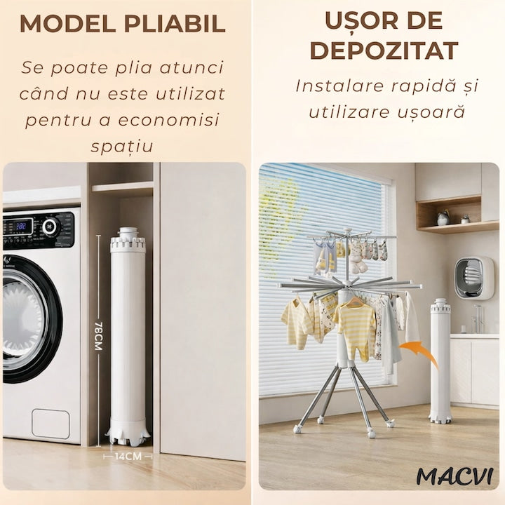 Uscator de rufe vertical Macvi®, 2 nivele, pliabil, mobil, suport umerase, 16 tije, 24 cleme, 170 cm, uscare 360°