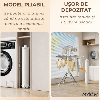 Uscator de rufe vertical Macvi®, 2 nivele, pliabil, mobil, suport umerase, 16 tije, 24 cleme, 170 cm, uscare 360°