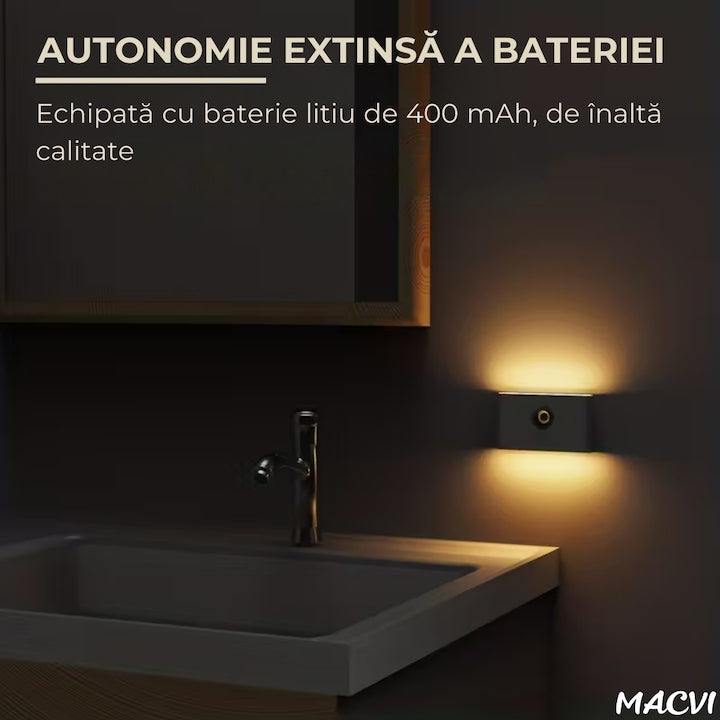 Lampa veghe Macvi® dreptunghiulara pentru perete cu senzor de miscare si senzor crepuscular, LED 3000K cu iluminare laterala, reincarcare USB-C pentru baie, dormitor si scari, 1 buc