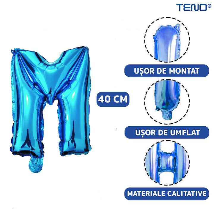 Balon in Forma de Litera M Teno®, metalizat, pentru Petreceri/Aniversari/Evenimente, rezistent, folie, albastru, 40 cm