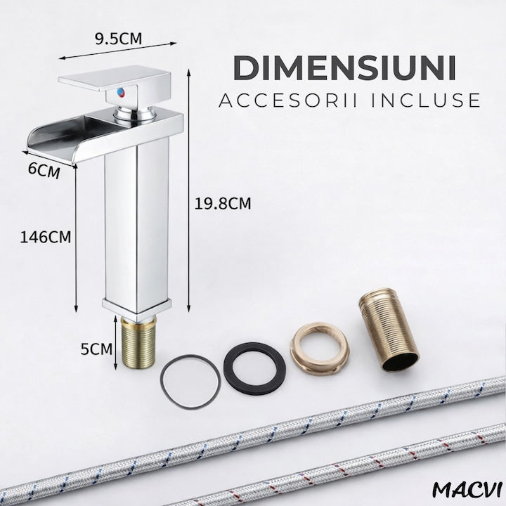Baterie lavoar baie Macvi® tip cascada cromata din bronz inaltime 160 mm pipa 135 mm monocomanda, argintiu