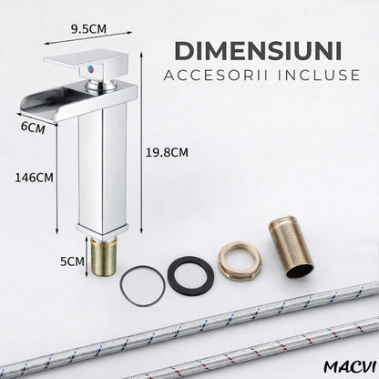 Baterie lavoar baie Macvi® tip cascada cromata din bronz inaltime 160 mm pipa 135 mm monocomanda, argintiu