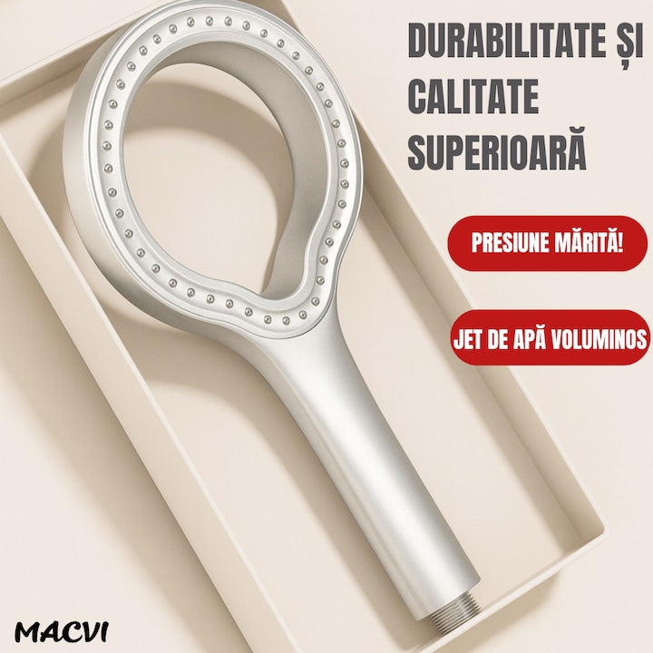 Cap de dus Macvi® cu jet reglabil, flexibilitate versatila, moduri multiple de pulverizare, finisaj argintiu