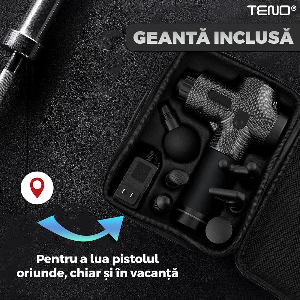 Aparat Profesional pentru Masaj tip Pistol Teno®, 30 viteze, motor silentios fara perii, 3200 percutii, sistem racire, 2500mAh, 6 capete, incarcare rapida, geanta pentru depozitare, negru