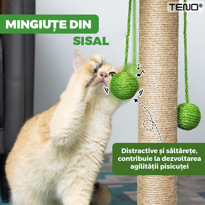 Ansamblu de Joaca pentru Pisici in Forma de Palmier Teno®, tip turn, 1 nivel, franghie si mingiute de joaca, stalpi pentru zgariat, captuseala extra moale, structura stabila, 85 cm, verde