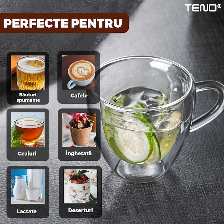 Set 2 Cani de Sticla cu Perete Dublu Teno®, model inimioara, design modern, termorezistente, capacitate 250 ml, 9 x 8 cm