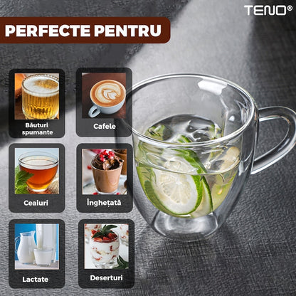 Set 2 Cani de Sticla cu Perete Dublu Teno®, model inimioara, design modern, termorezistente, capacitate 250 ml, 9 x 8 cm