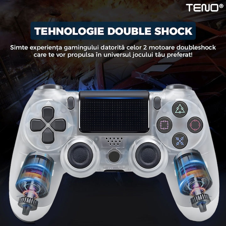 Controller Wireless DoubleShock Teno®, compatibil cu PS4, joystick-uri analog, vibratie dubla, baterie performanta, transparent