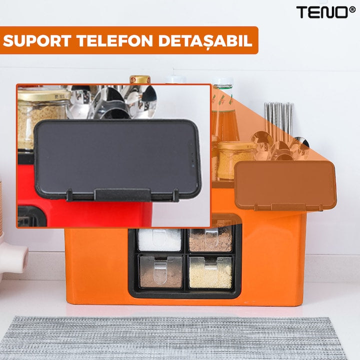 Organizator Multifunctional pentru Bucatarie Teno®, 4 Compartimente, raft condimente, suport detasabil telefon, tavita de scurgere, suport tacamuri/ustensile, portocaliu
