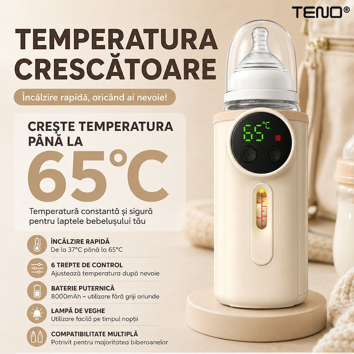 Incalzitor pentru Biberoane Teno®, portabil, 6 trepte de control, ecran LCD, lampa de veghe, compatibilitate multipla, 8000 mAh, crem