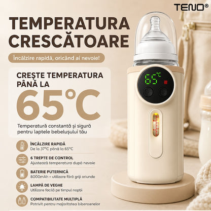 Incalzitor pentru Biberoane Teno®, portabil, 6 trepte de control, ecran LCD, lampa de veghe, compatibilitate multipla, 8000 mAh, crem