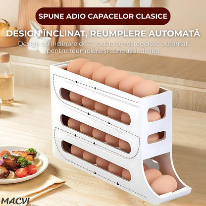 Suport organizator pentru oua Macvi®, 4 niveluri, rulare automata, 30 oua, 36x7x20 cm, alb, economisire inteligenta de spatiu in frigider