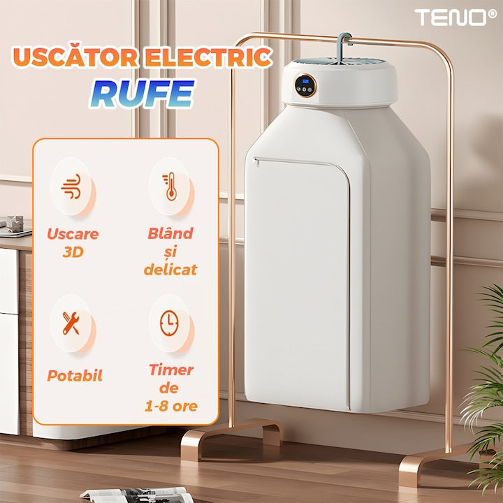 Uscator Electric Teno®, pentru rufe, sterilizare UV, capacitate 10 kg, timer 1-4 ore, 600 W, 14.3 x 21.5 x 22.1 cm, alb