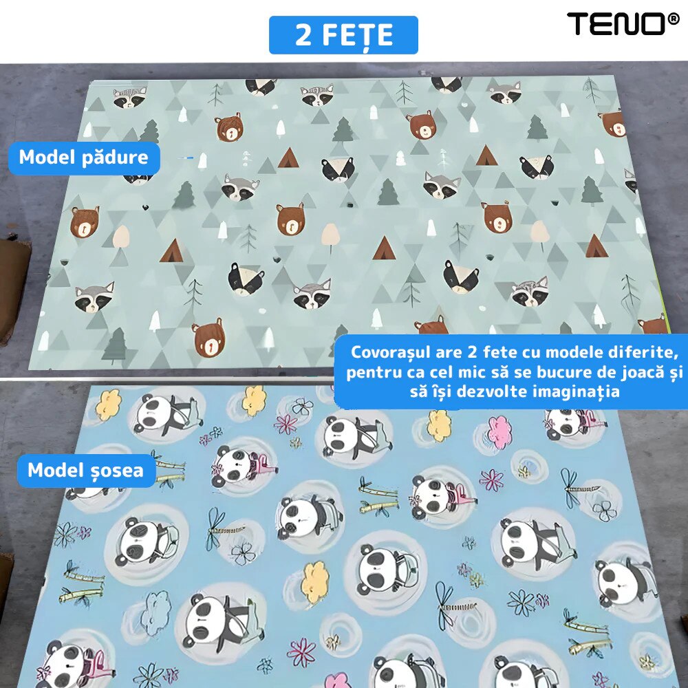 Covoras de Joaca pentru Copii Teno®, 2 fete, termic, anti-derapant, pliabil, protectie impotriva loviturilor, panda si grizzly, 200x180cm, grosime 1 cm, multicolor