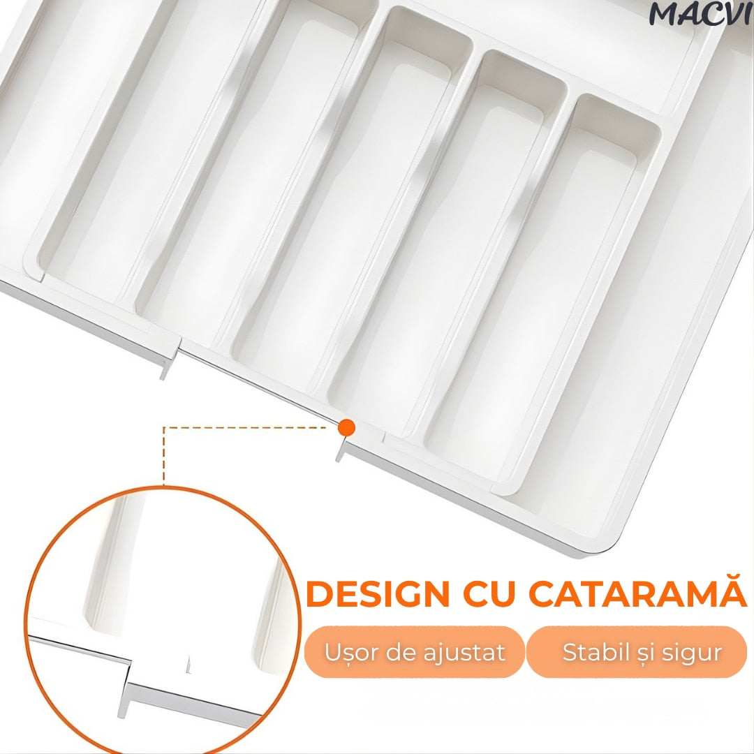 Organizator extensibil Macvi® 8 compartimente, pentru sertar, Sistem modular pentru tacamuri si ustensile de bucatarie, Alb