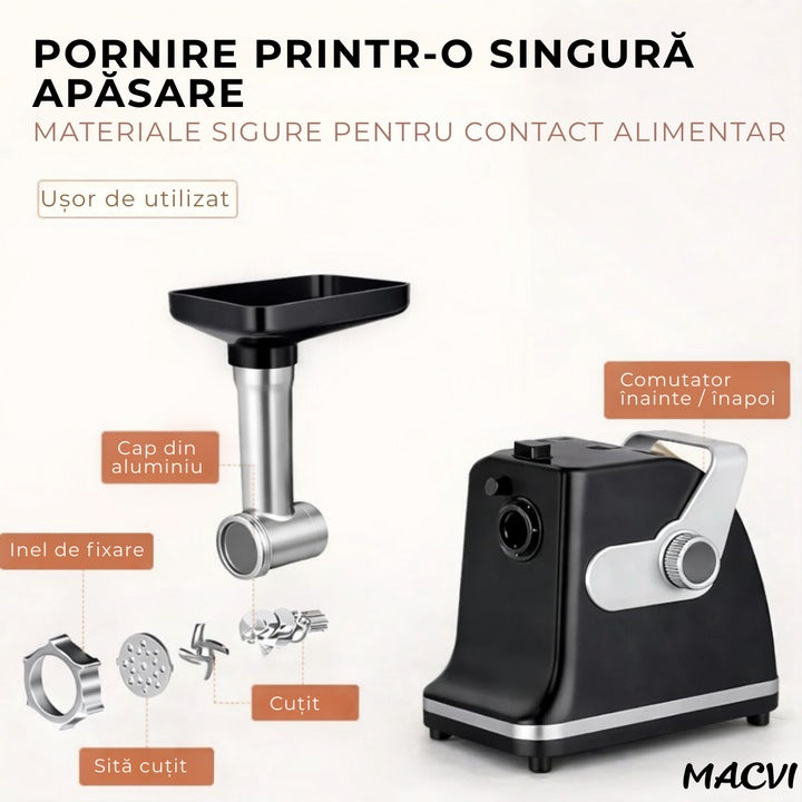 Aparat electric de tocat carne Macvi, inox, 800W, 2 trepte de viteza, negru/alb