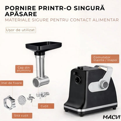 Aparat electric de tocat carne Macvi, inox, 800W, 2 trepte de viteza, negru/alb