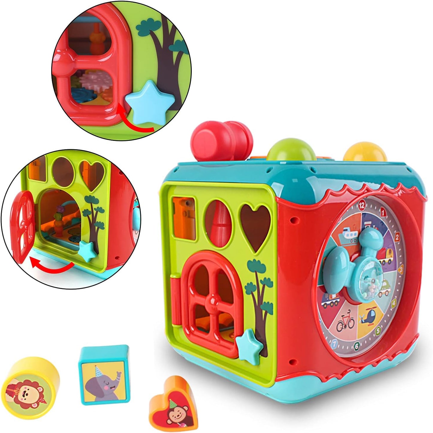 Cub Educativ Macvi® 6 in 1 cu Pian Labirint Bile Ceas si Jocuri Interactive Copii