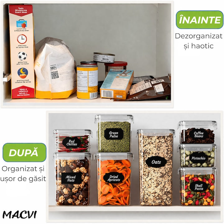 Set 7 organizatoare/recipiente Macvi® pentru depozitare alimente, etichete incluse, organizare bucatarie, capac etans, plastic fara BPA