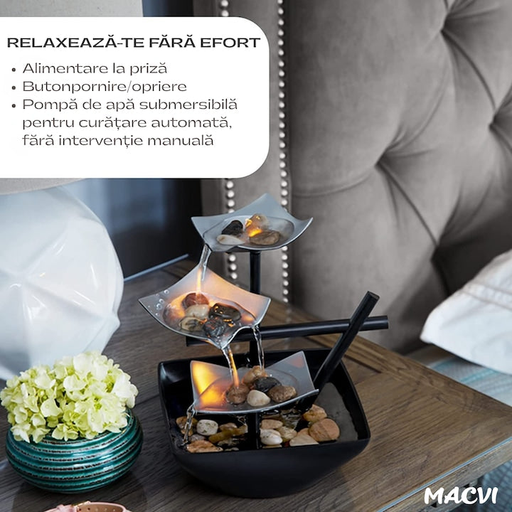Fantana terapeutica Macvi®, sunete linistitoare ale apei, efect Zen relaxant, cu pietre naturale, bazin de apa si pompa automata, decor interior