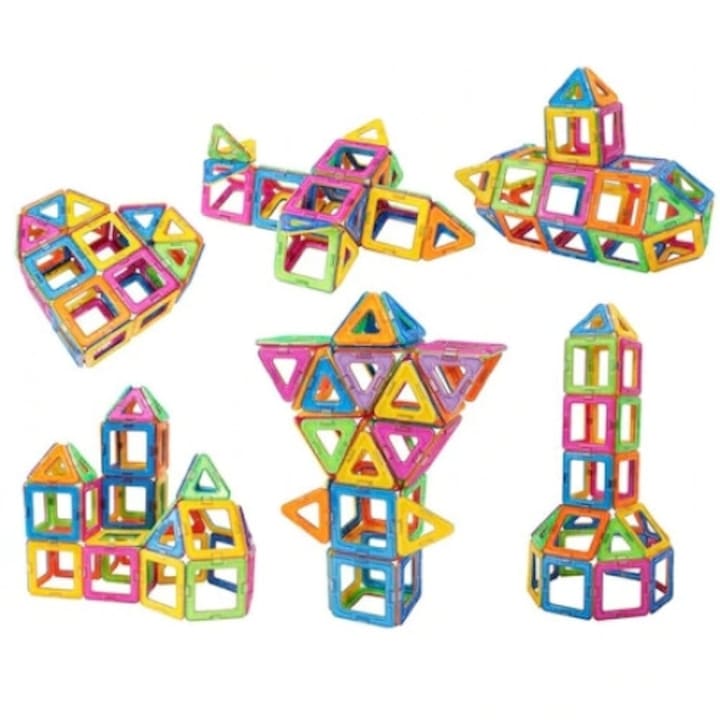 Set 56 piese constructie magnetica Macvi, multicolor, pentru copii 3 ani+, dezvolta creativitatea si motricitatea