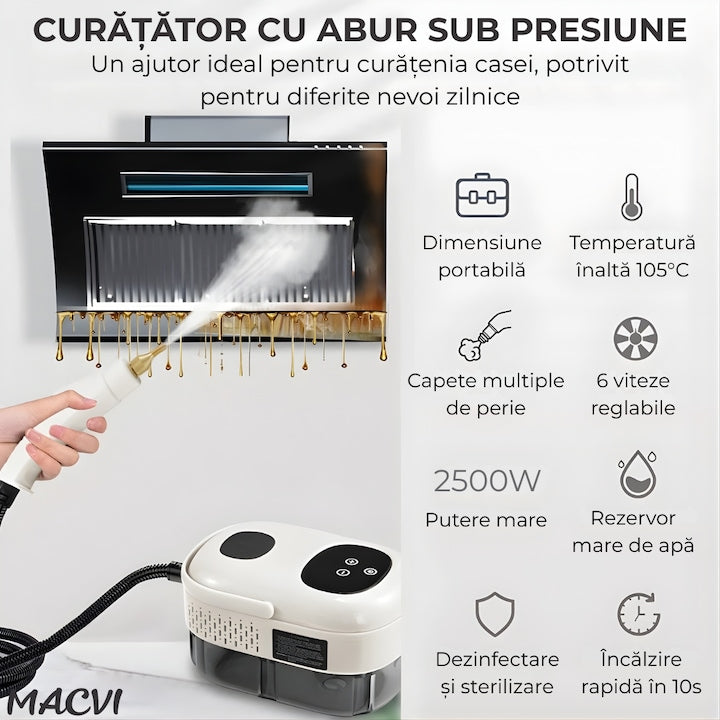 Aparat aburi Macvi® curatenie profesionala cu rezervor mare duze multiple si jet puternic pentru baie bucatarie tapiterii, Alb