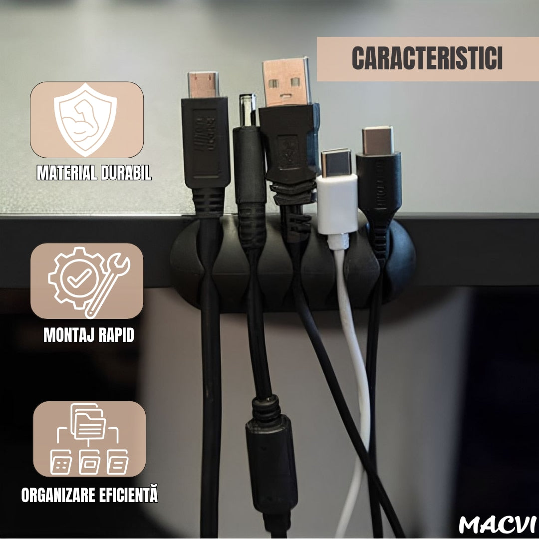 Set Macvi® suport organizare cabluri, 10 bucati, 5 dimensiuni diferite, autoadeziv, negru