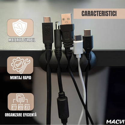 Set Macvi® suport organizare cabluri, 10 bucati, 5 dimensiuni diferite, autoadeziv, negru