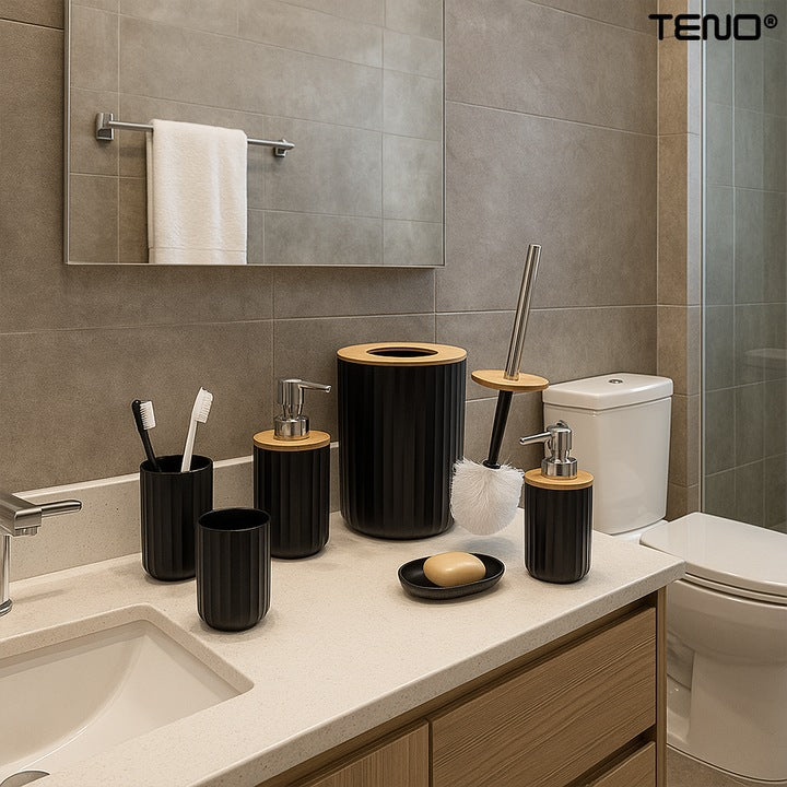 Set 6 Accesorii de Baie Teno®, dispenser de sapun, suport de periute, perie de toaleta, suport sapun, cos de gunoi, detalii din bambus, materiale rezistente, design minimalist, striatii, negru