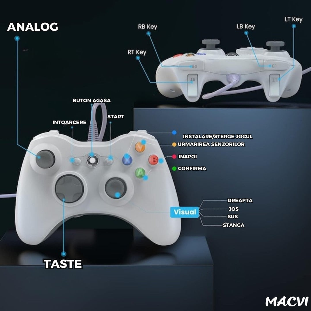 Controller Dual Shock Macvi® pentru PC si Xbox 360 cu stick-uri analog vibratii realiste dualpad 8 directii conectare USB cablu 2, 5 m