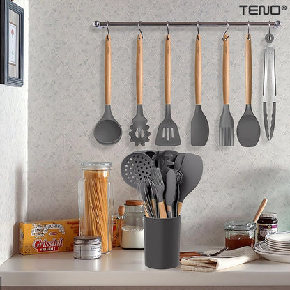 Set Ustensile Bucatarie 12 Piese Silicon Alimentar Teno®, termorezistente, antiaderente, sigure, suport inclus, gri