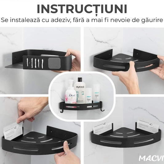 Raft de dus Macvi® set etajera baie aluminiu negru design modern si rezistent montaj usor spatiu optimizat