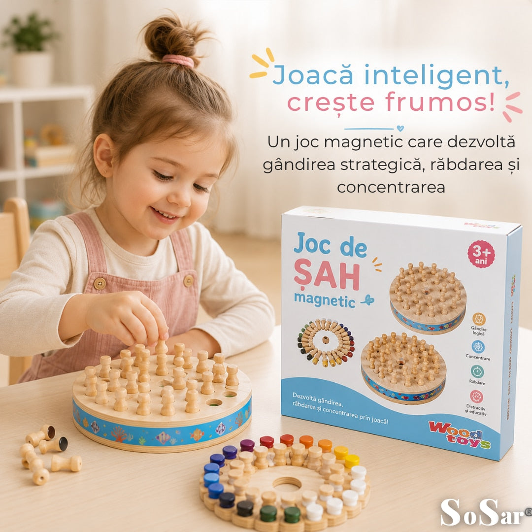 Joc Educativ din Lemn Sosar® 3 in 1 Pescuit Magnetic Sah si Sortare Culori Dezvolta Coordonarea Mana Ochi Abilitatile Cognitive si Motricitatea Fina