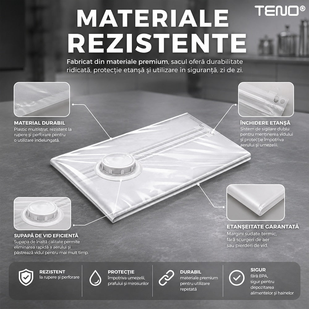 Sac de Vidat Teno®, pentru imbracaminte, pilote, perne, rezistent, valva tripla, materiale calitative, protectie waterproof, reutilizabil, vidare prin vacuum, 50 x 70 cm, alb